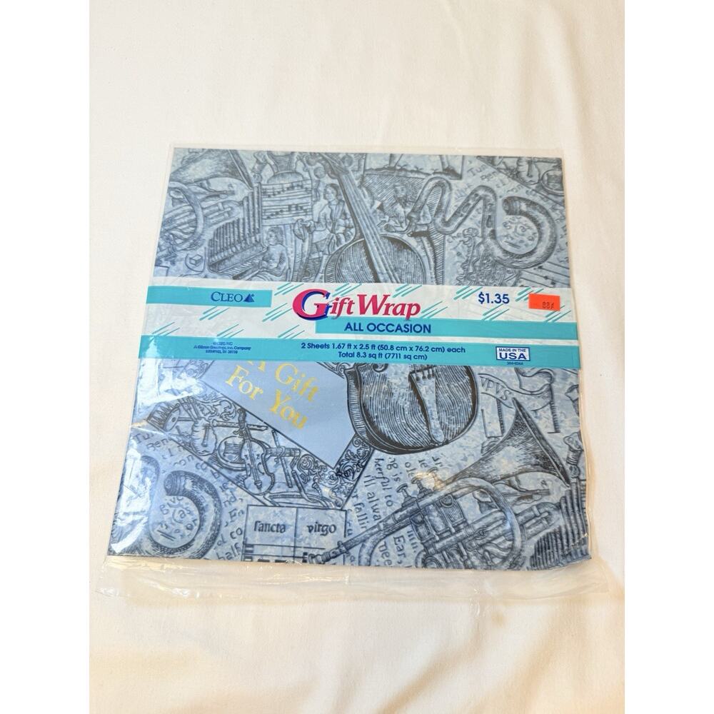 Vtg Cleo 2 Sheets Blue Musical Notes And Instruments Wrapping Paper.